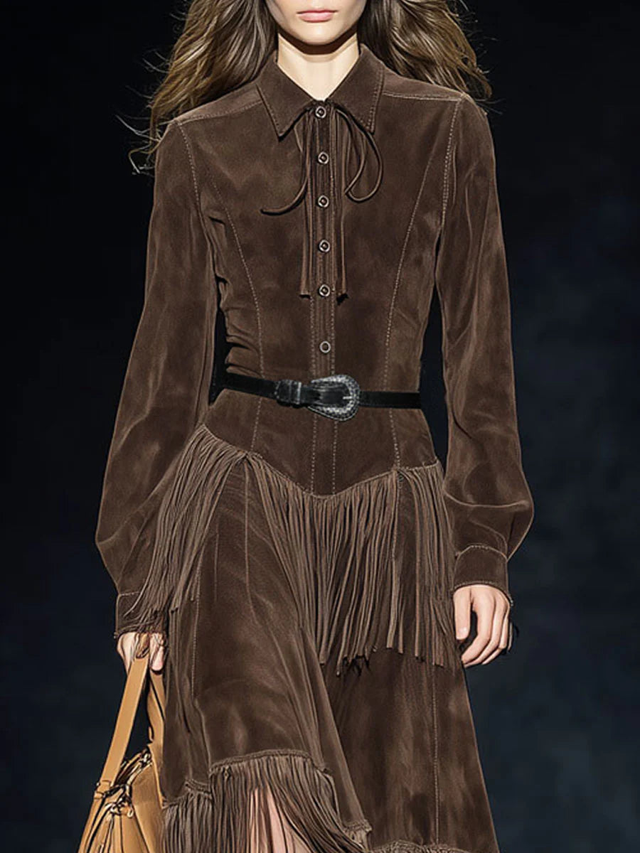 Vintage Dark Midi Dress in Faux Suede with Double Layer Fringes and Braids (Belt Included)