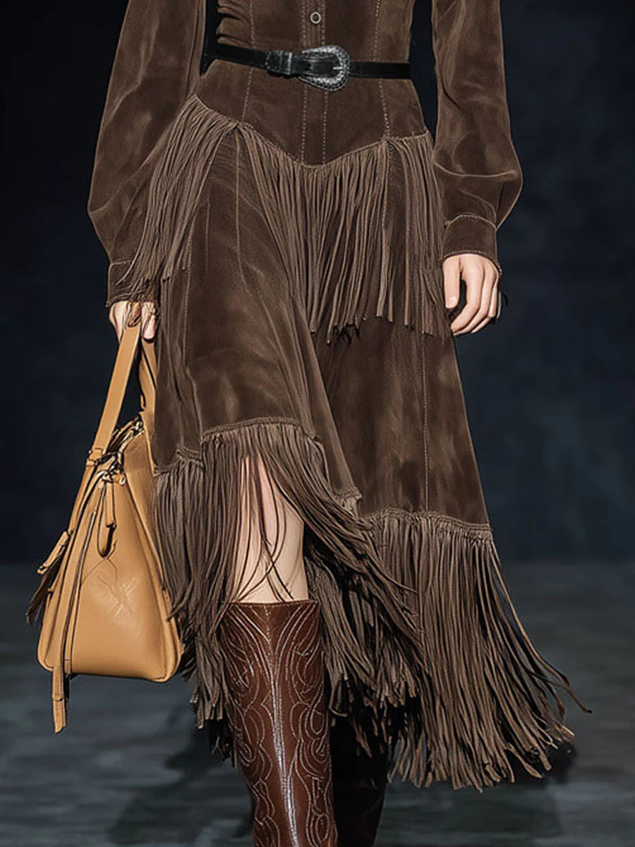 Vintage Dark Midi Dress in Faux Suede with Double Layer Fringes and Braids (Belt Included)