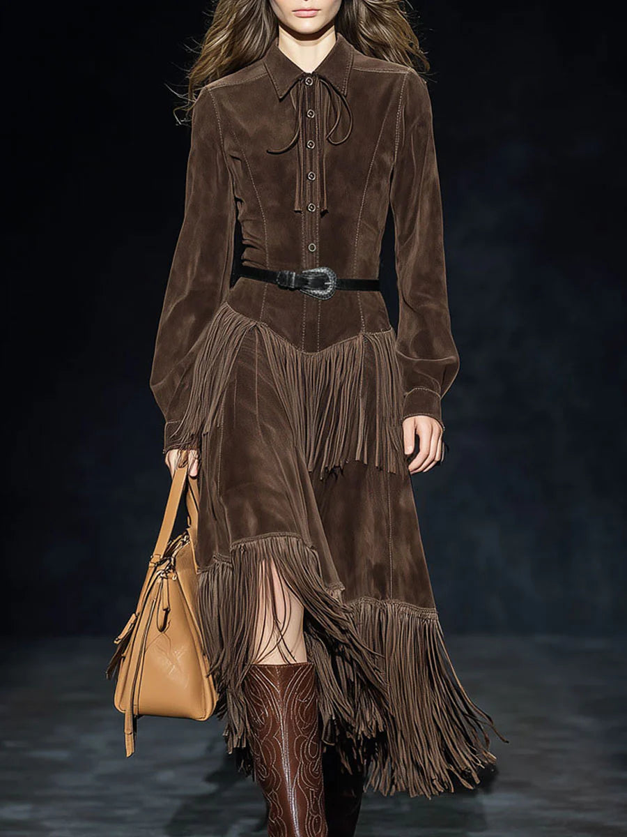 Vintage Dark Midi Dress in Faux Suede with Double Layer Fringes and Braids (Belt Included)