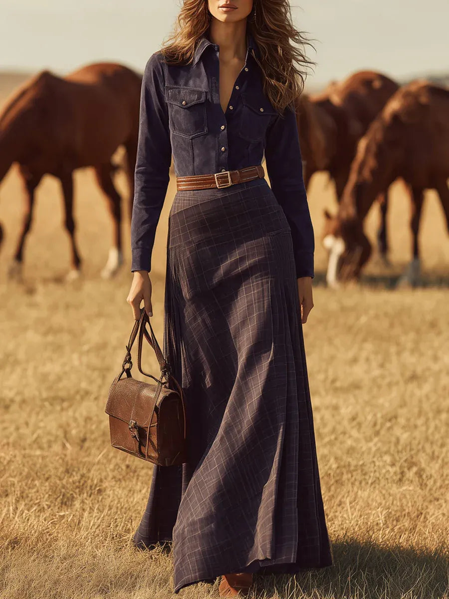 Long navy blue faux suede midi skirt with vintage Western plaid patchwork and belt