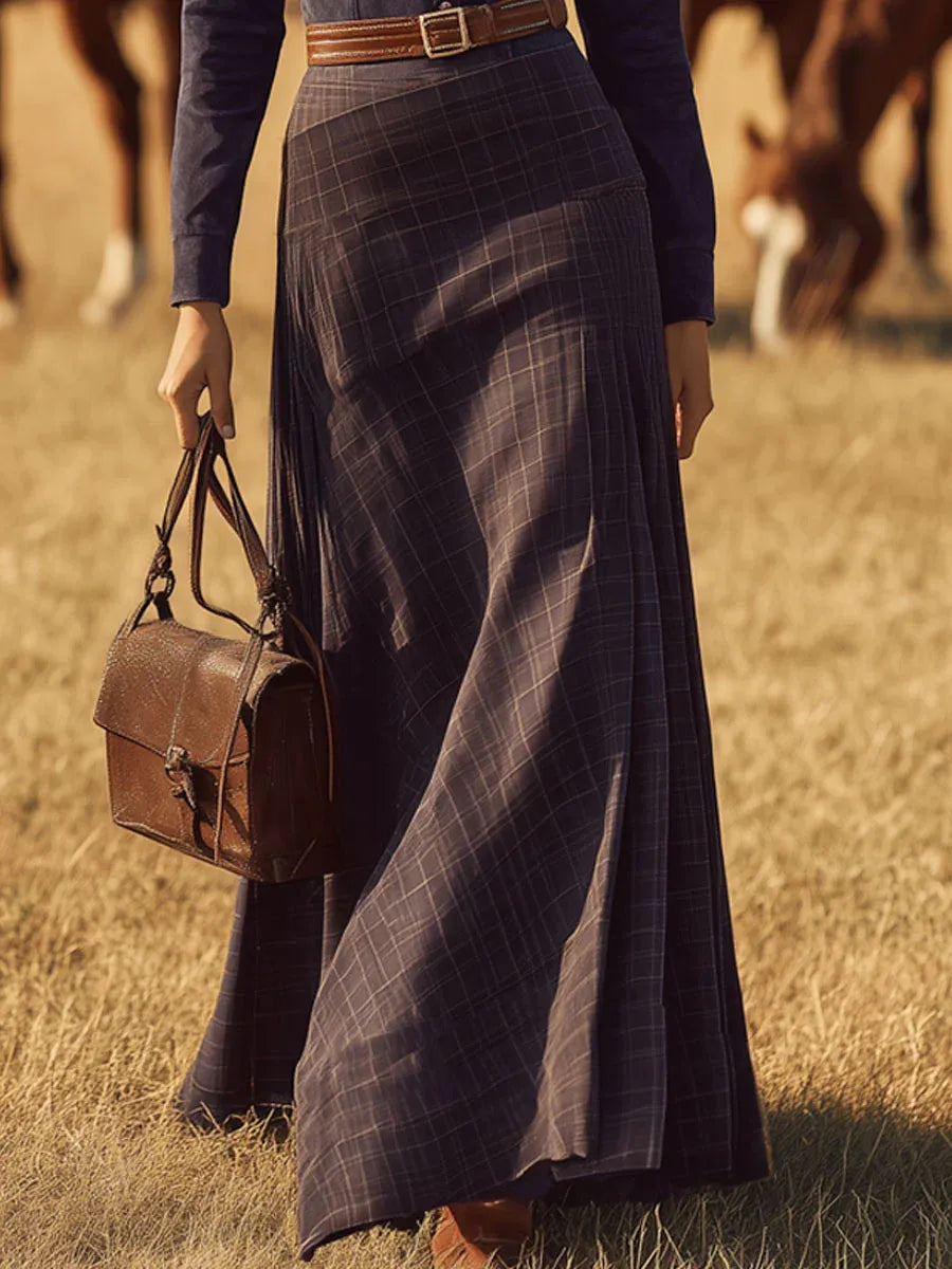 Long navy blue faux suede midi skirt with vintage Western plaid patchwork and belt