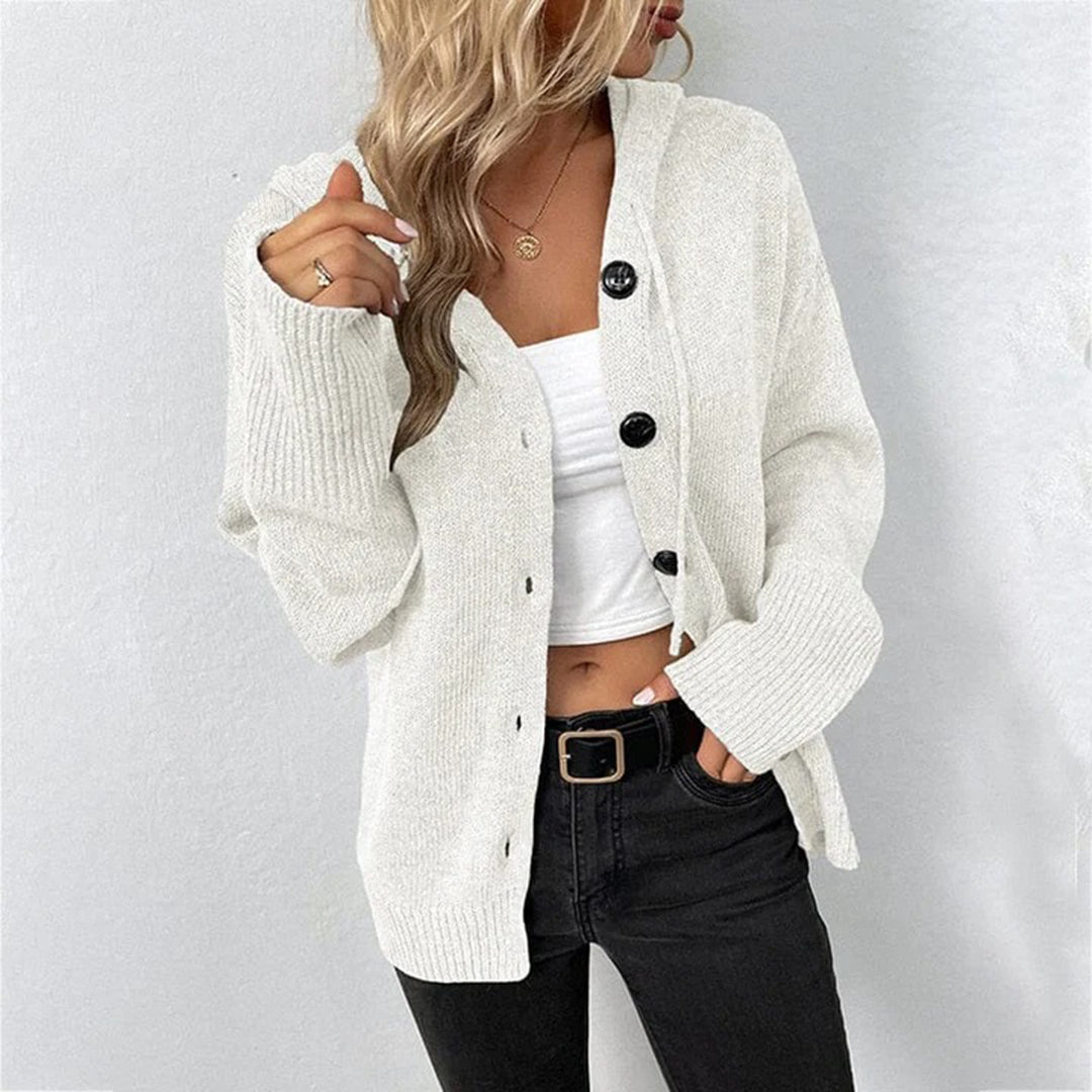 Hazel Women's Cozy Hooded Knit Cardigan with Open Front and Stylish Buttons