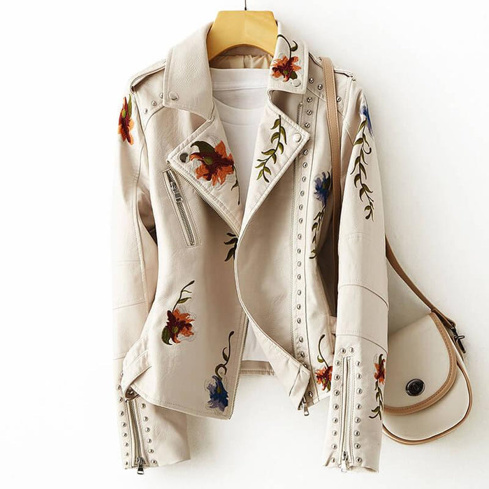 Elegant Retro Leather Jacket with Magnolia Flower Design