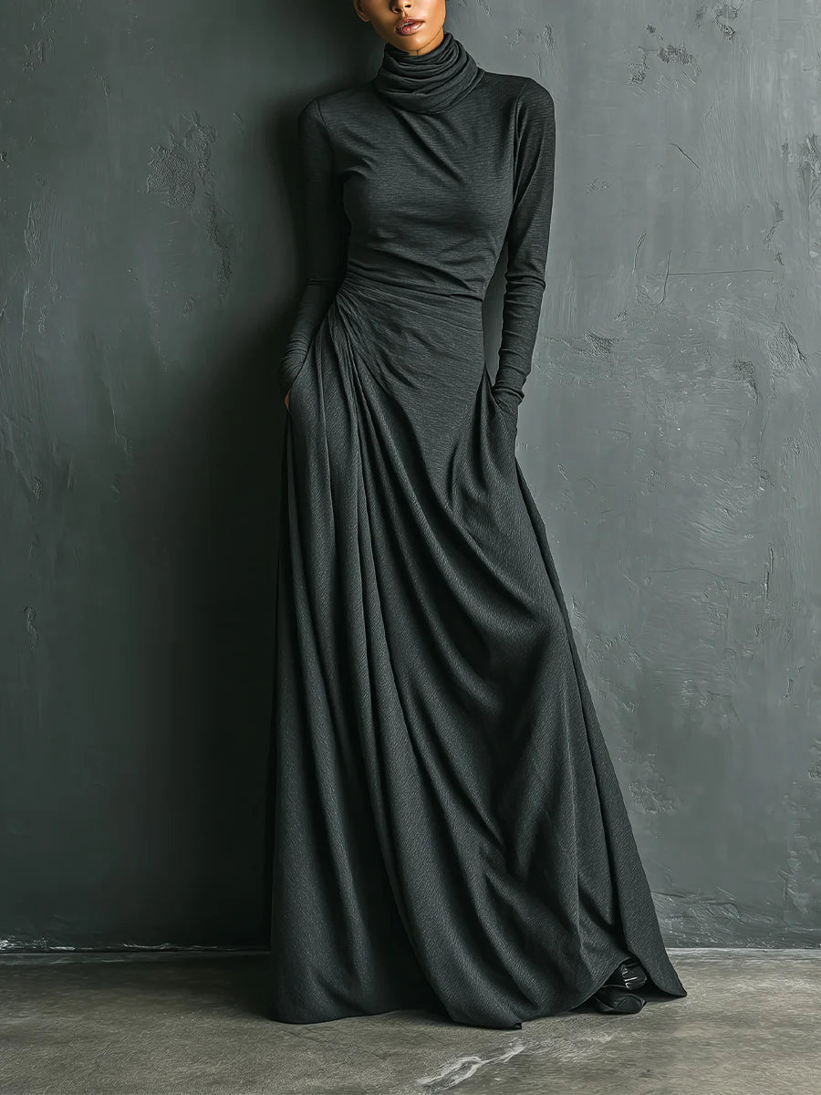 Elegant Stretch Polyester Cotton Blend Turtleneck Draped Maxi Dress