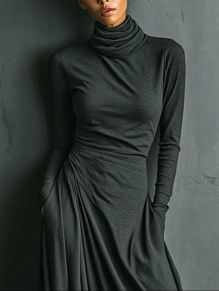 Elegant Stretch Polyester Cotton Blend Turtleneck Draped Maxi Dress