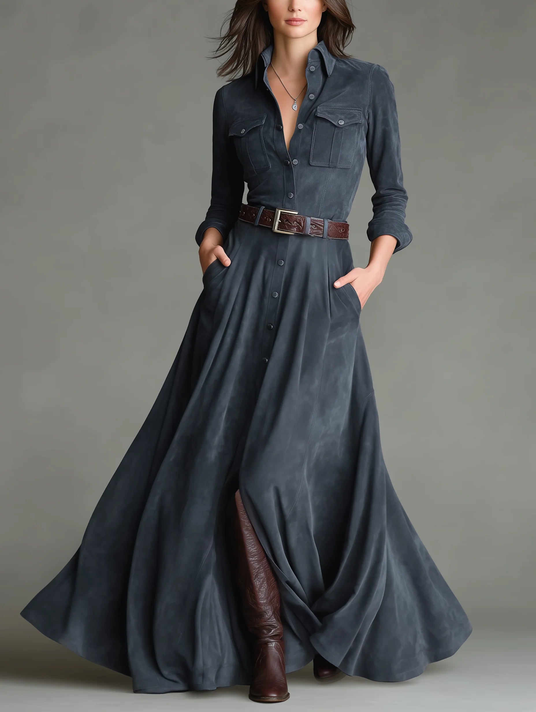 Elegant long suede-like dress with collar, tie waist, and single-button closure