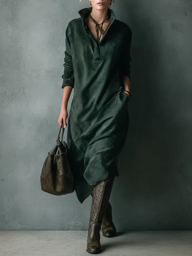Green Suede Midi Dress with Long Sleeves and Open Collar