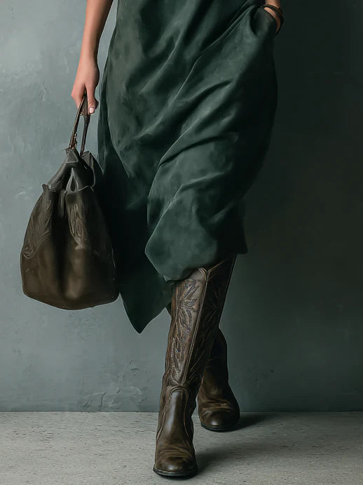 Casual Green Long Swedish Midi Dress with Turn-down Collar