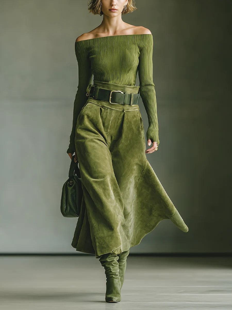 Chic Olive Green Off-Shoulder Top & Faux Suede Skirt Set with Belt