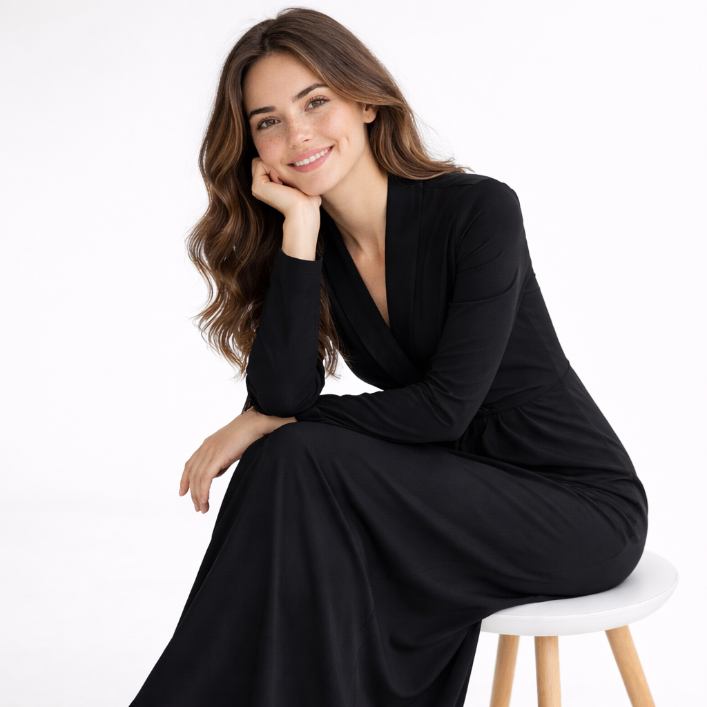 Women’s Long Sleeve Slim Fit Deep V-Neck Maxi Dress