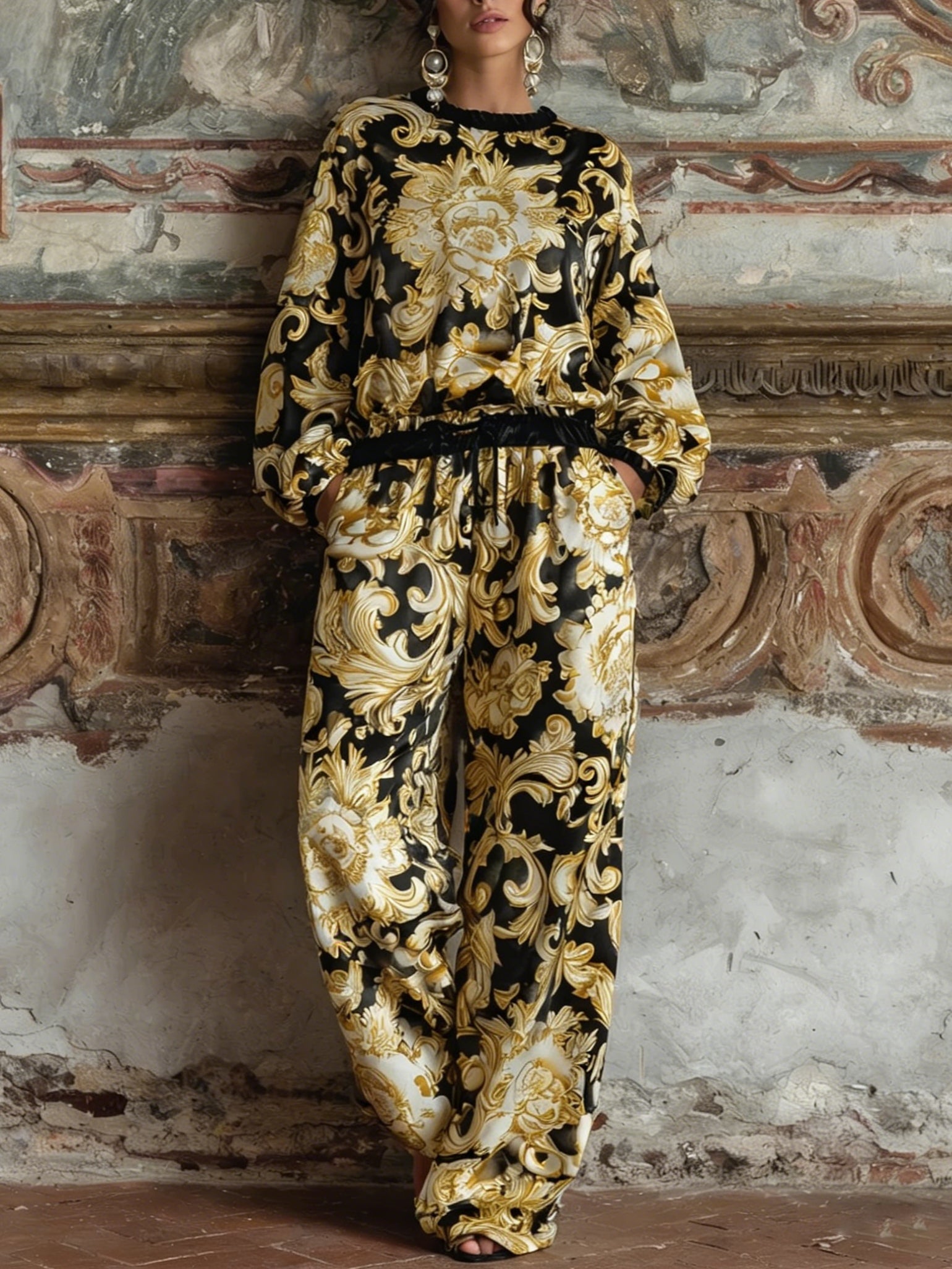 Baroque Floral Print Long-Sleeve Top with Wide-Leg Pants Loungewear Set - Elegant Comfort