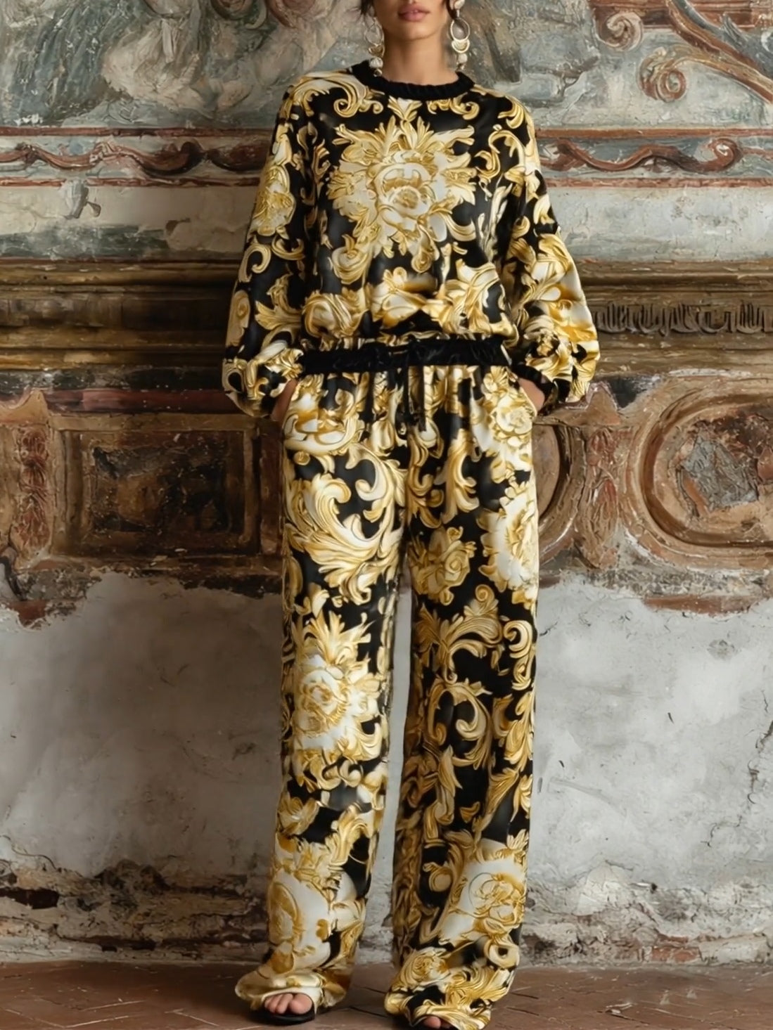 Baroque Floral Print Long-Sleeve Top with Wide-Leg Pants Loungewear Set - Elegant Comfort