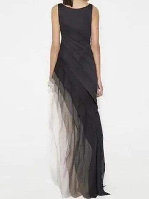 Elegant Black High Waist Tulle Sleeveless Maxi Dress for a Stylish Look