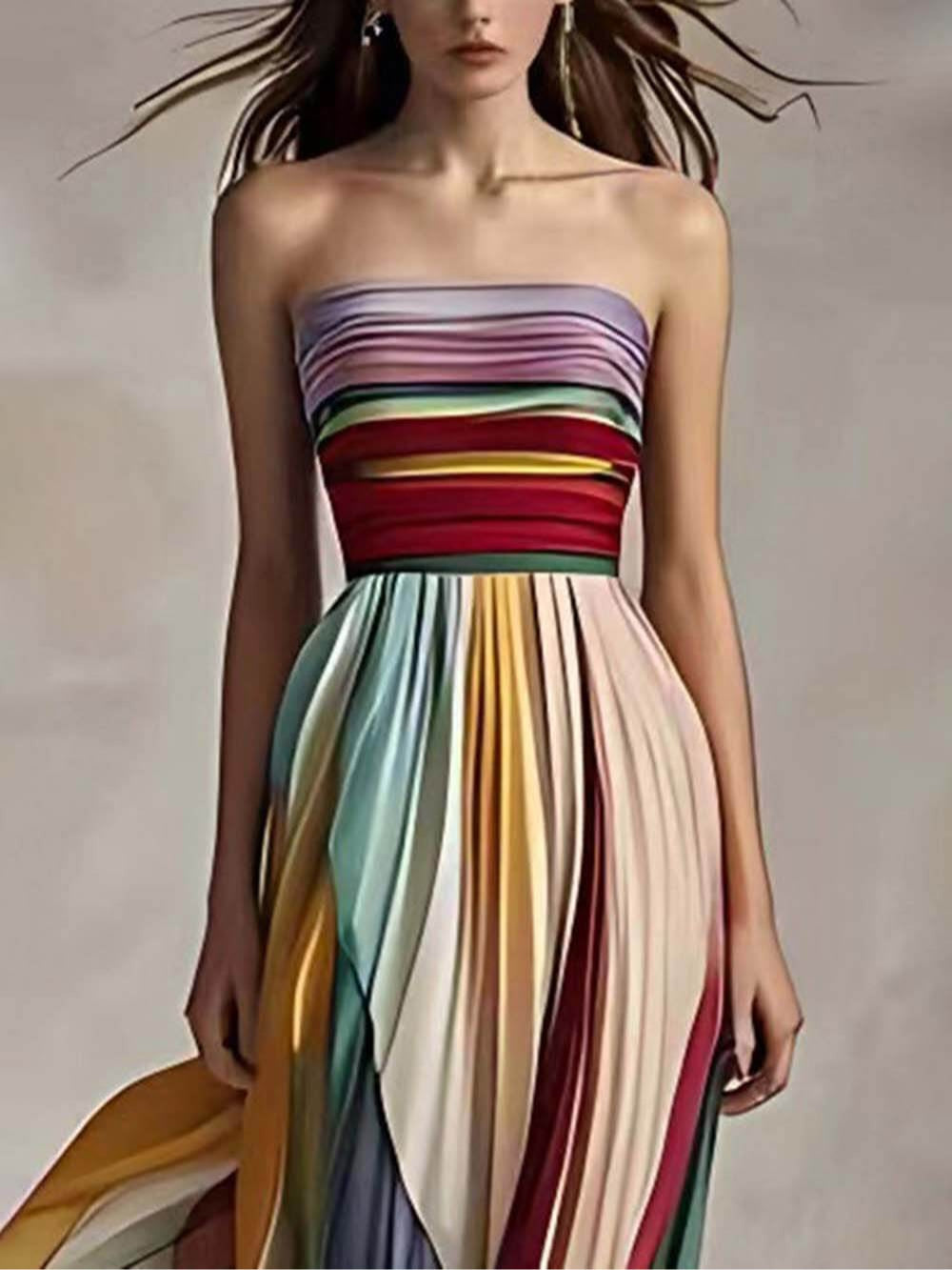 Elegant striped pleated long dress with off-the-shoulder design for a sophisticated look