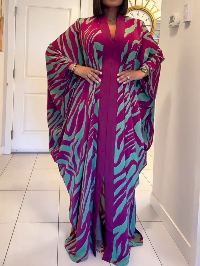 Maxi Discounted Dress with Zebra Print, V-Neck, and Wide Sleeves