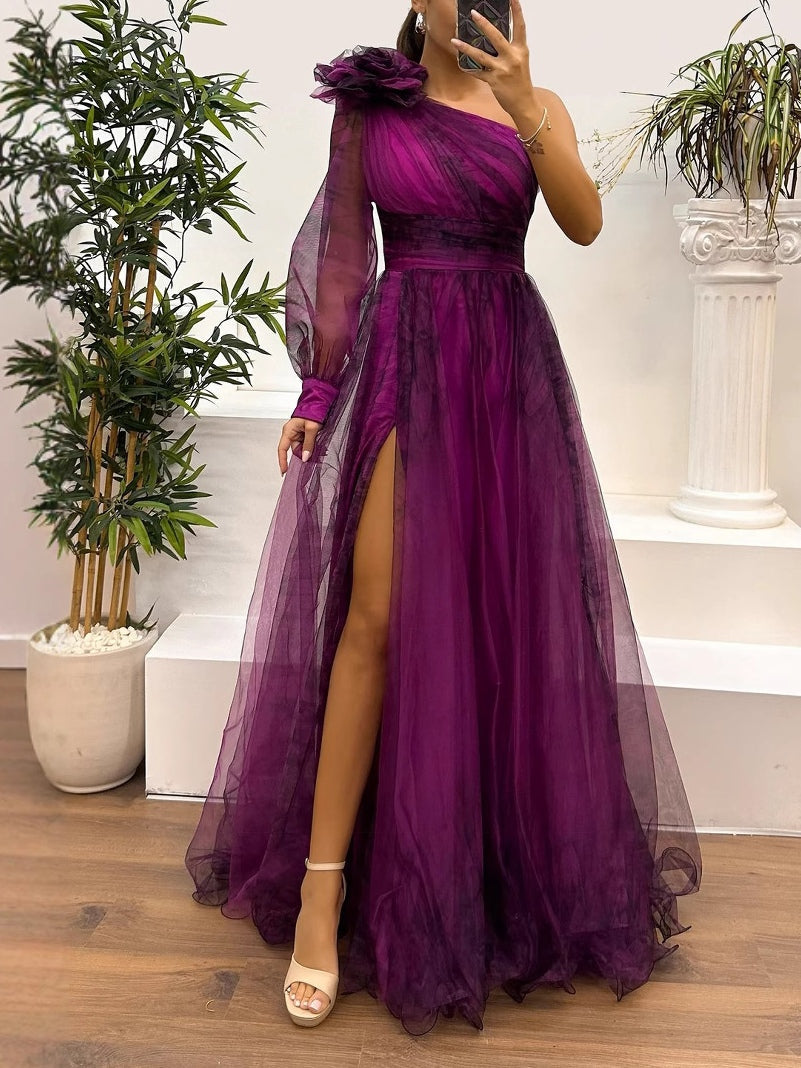 Maxi One-Shoulder Mesh Dress with Gradient Abstract Print