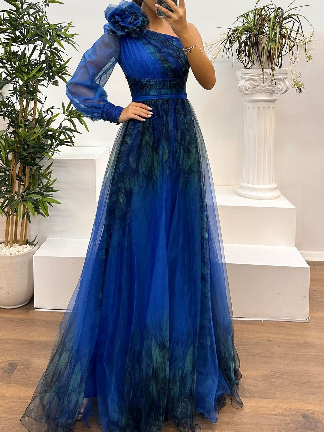 Maxi One-Shoulder Mesh Dress with Gradient Abstract Print