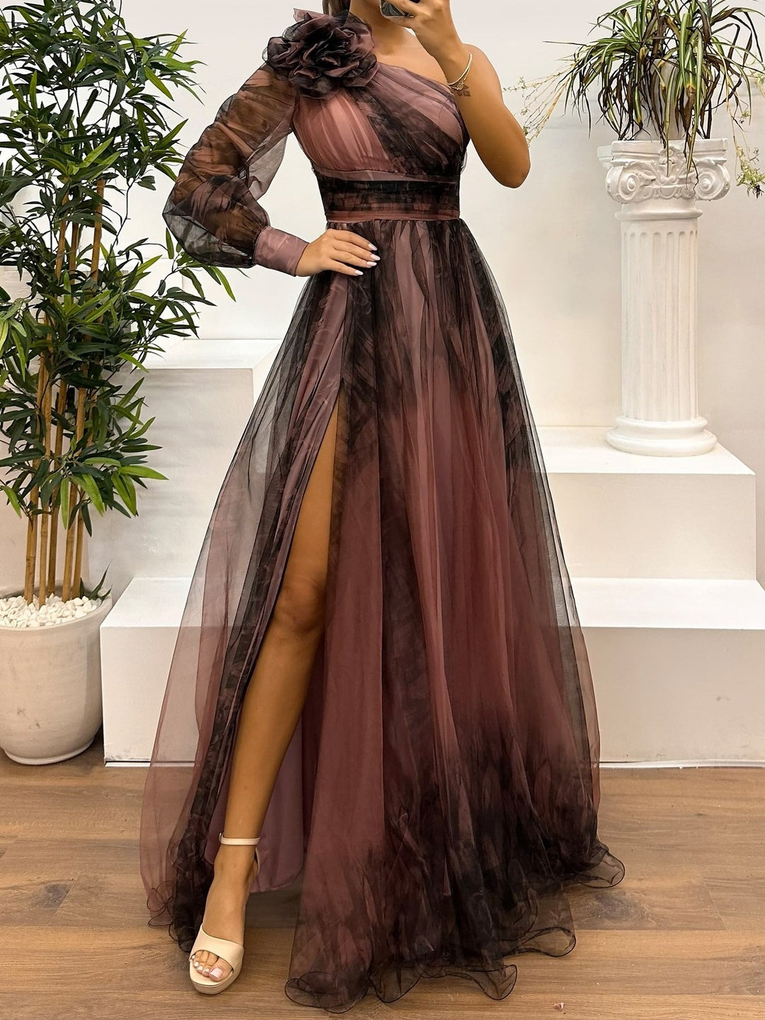 Maxi One-Shoulder Mesh Dress with Gradient Abstract Print