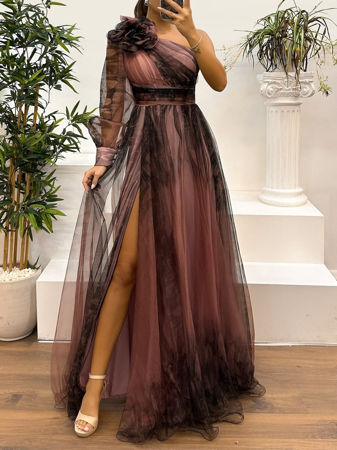 Maxi One-Shoulder Mesh Dress with Gradient Abstract Print