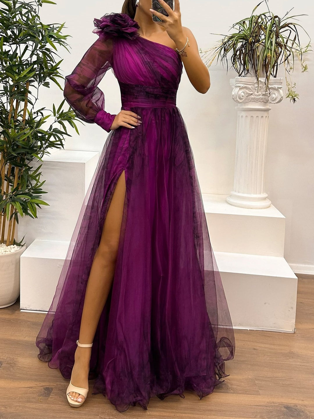 Maxi One-Shoulder Mesh Dress with Gradient Abstract Print