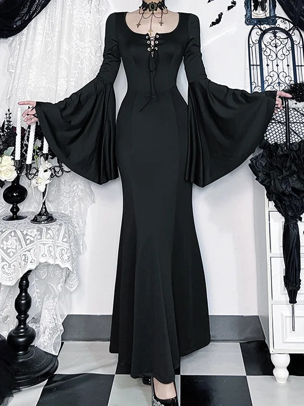 Elegant Gothic Lace Mermaid Long Dress with Straps and Bell Sleeves