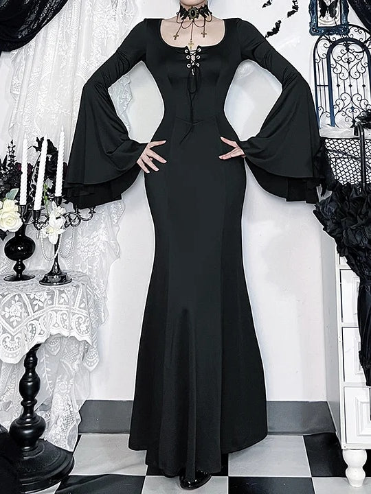 Elegant Gothic Lace Mermaid Long Dress with Straps and Bell Sleeves