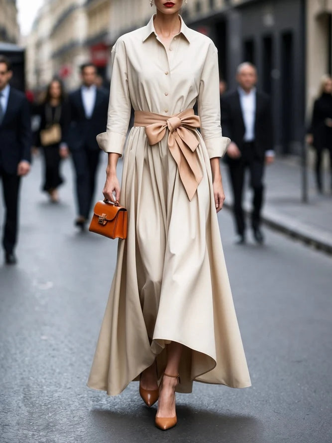 Elegant Maxi Dress with Long Sleeves and Shirt-Style Tie