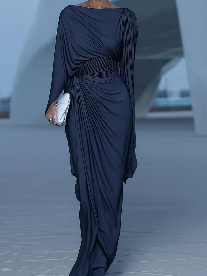 Elegant Dark Blue Pleated Maxi Dress with Cape Overlay