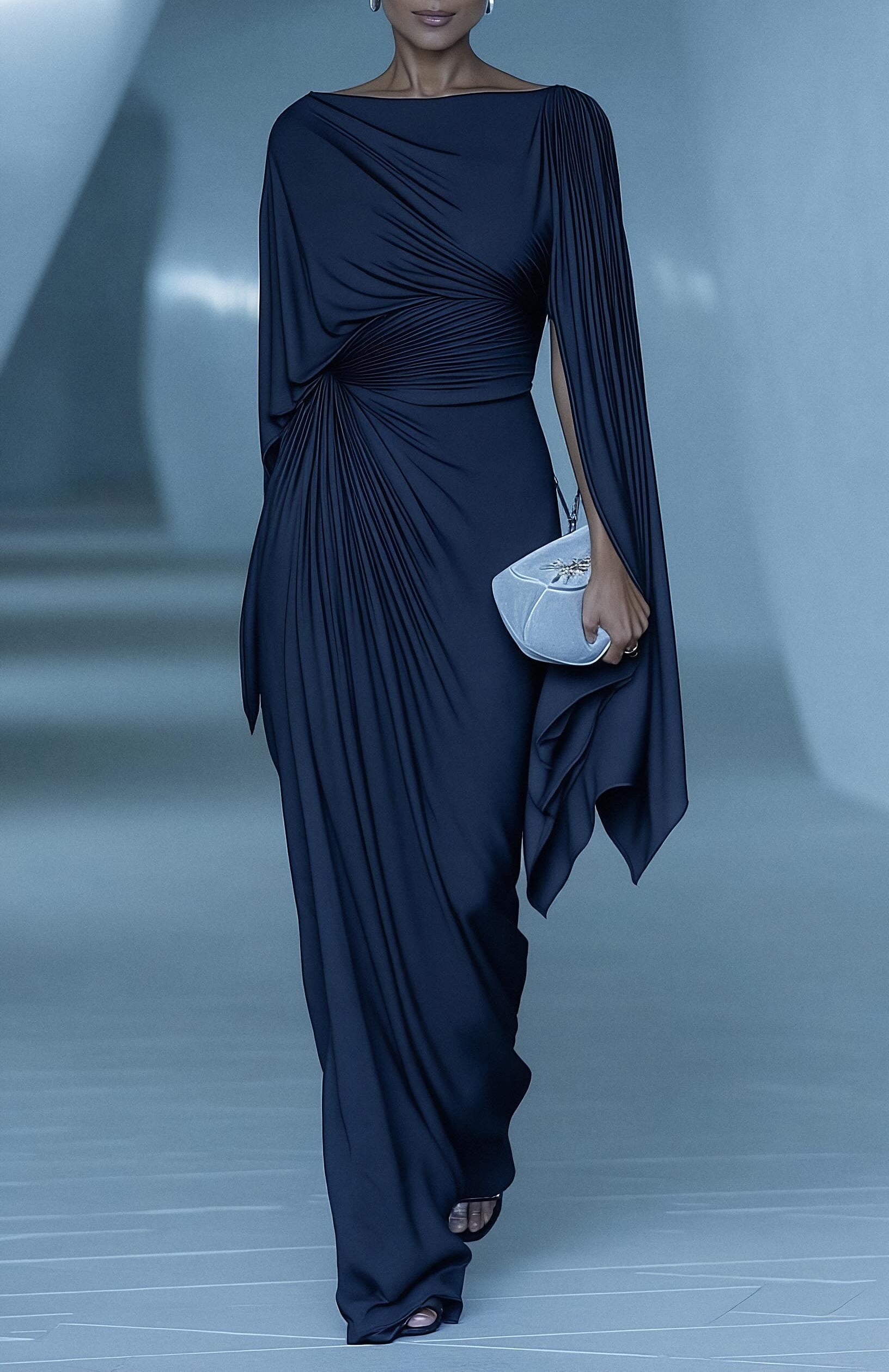 Elegant Dark Blue Pleated Maxi Dress with Cape Overlay