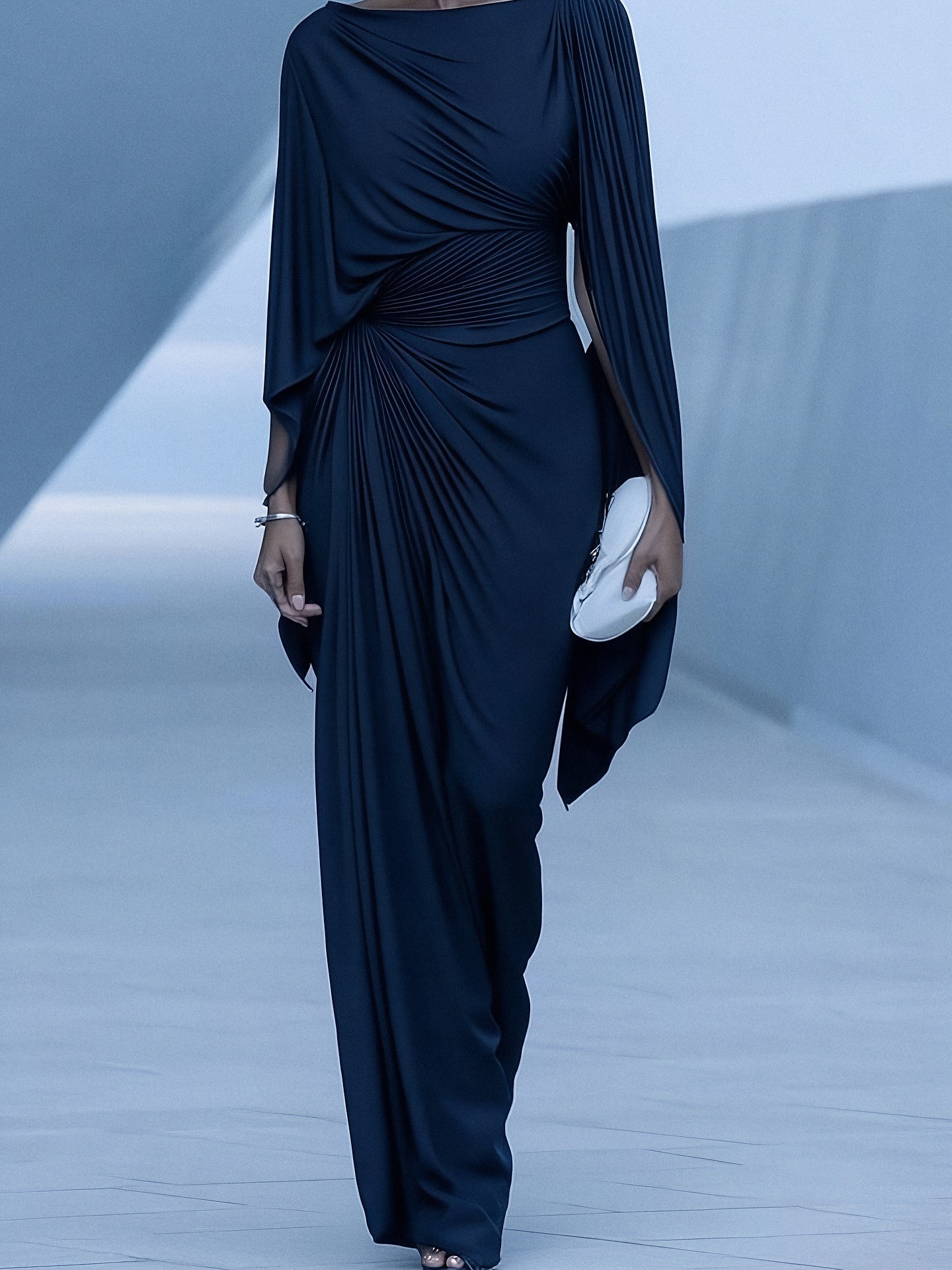 Elegant Dark Blue Pleated Maxi Dress with Cape Overlay