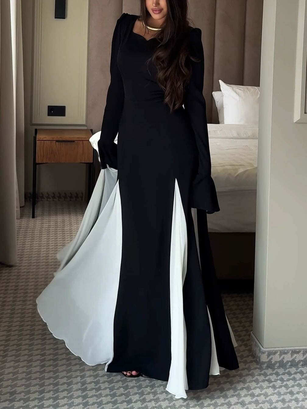 Elegant Black and White Flared Long-Sleeved Maxi Dress for a Timeless Look
