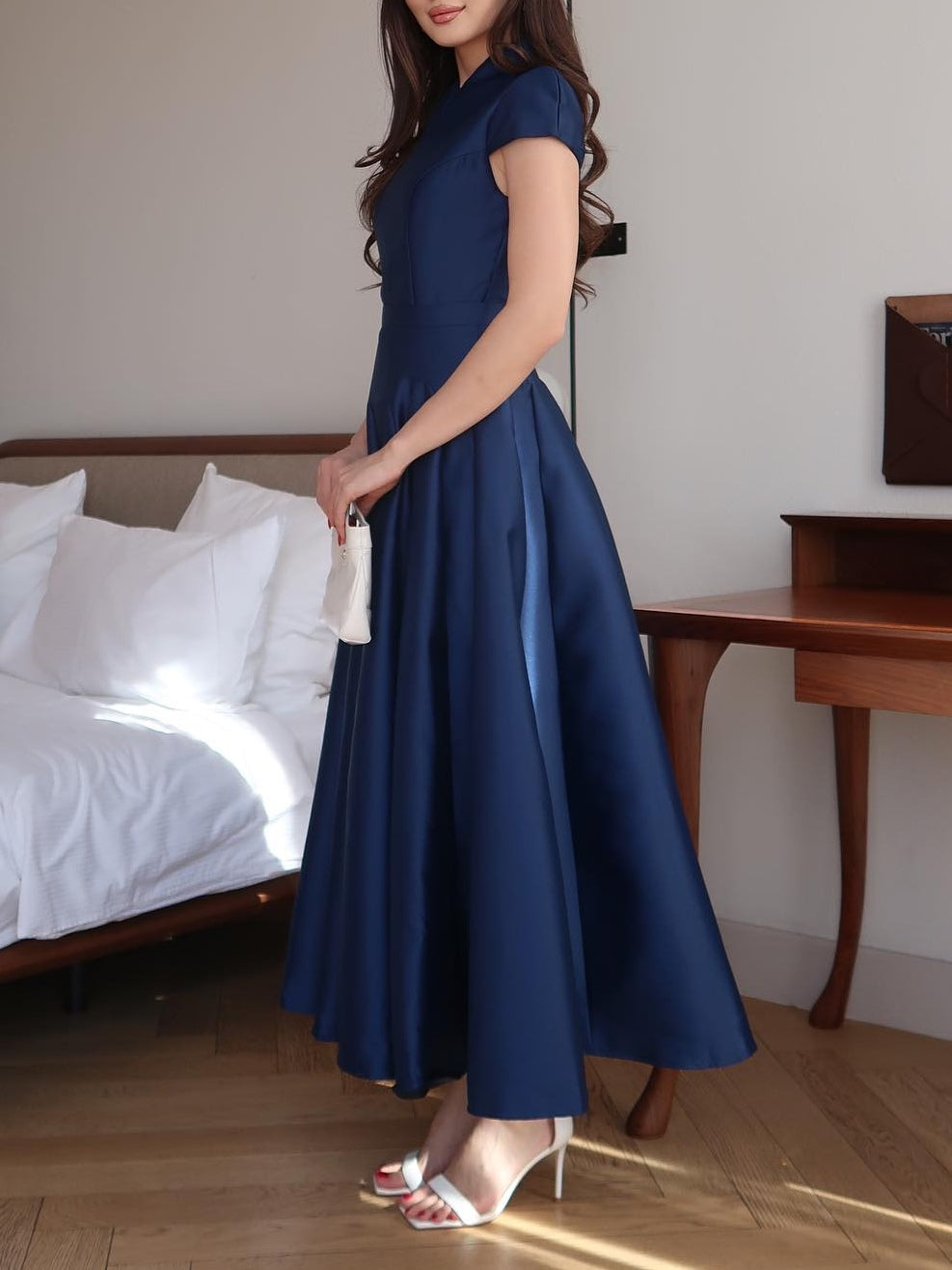 Elegant navy blue long dress with V-neck