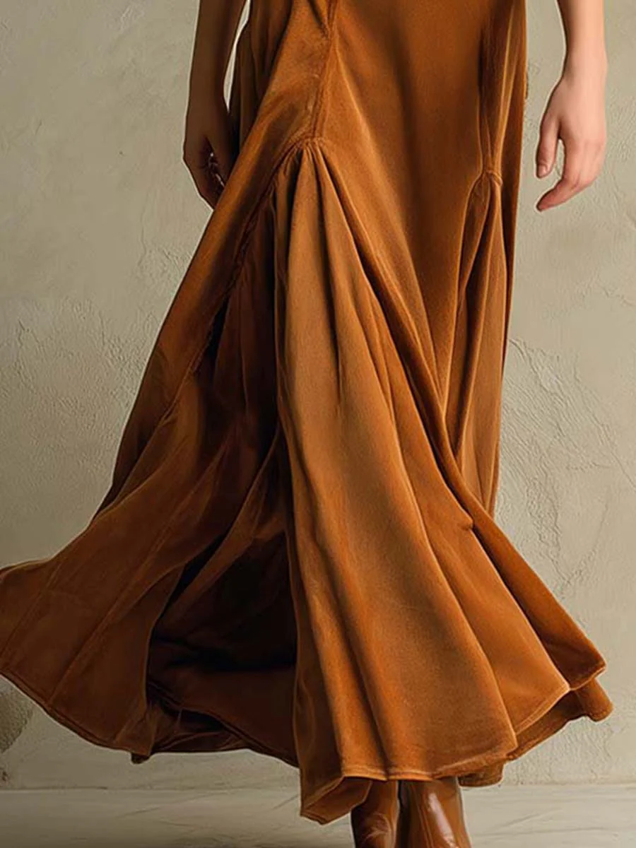 Elegant Long Brown Velvet Dress with Retro Suit Collar