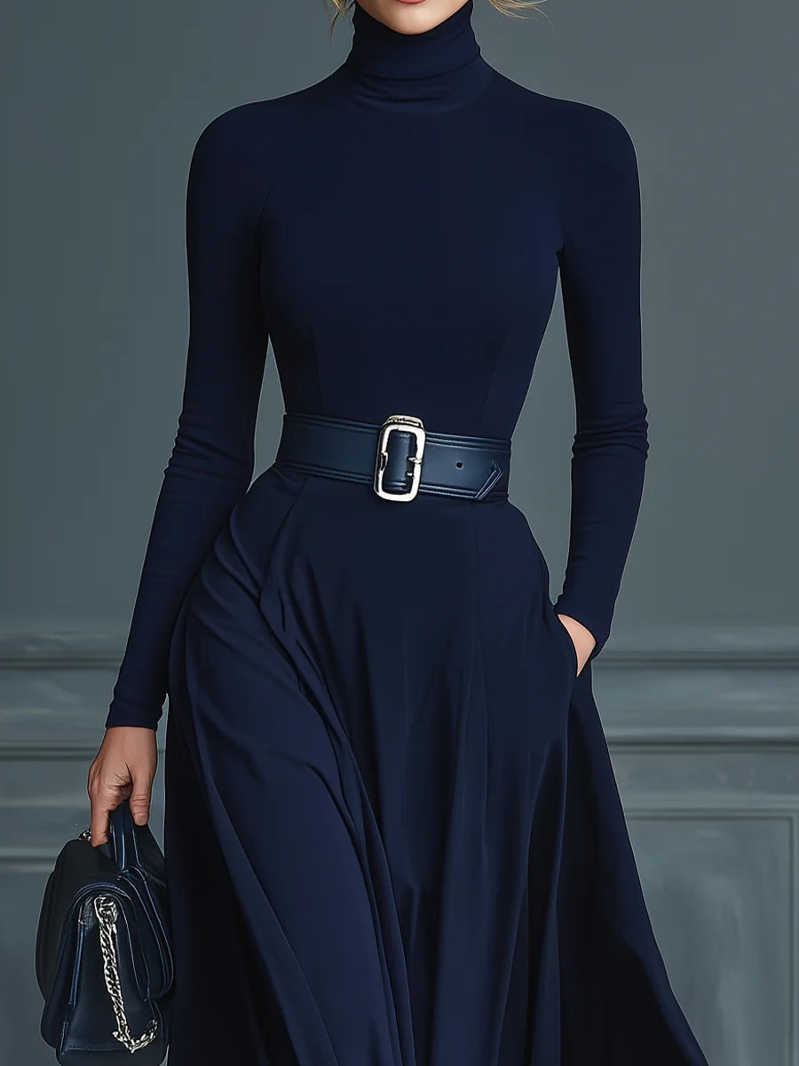 Dark Blue Knit Dress with Elegant High Neck