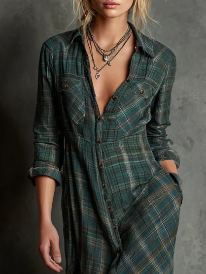 Long green plaid shirt with shawl collar and single-breasted design