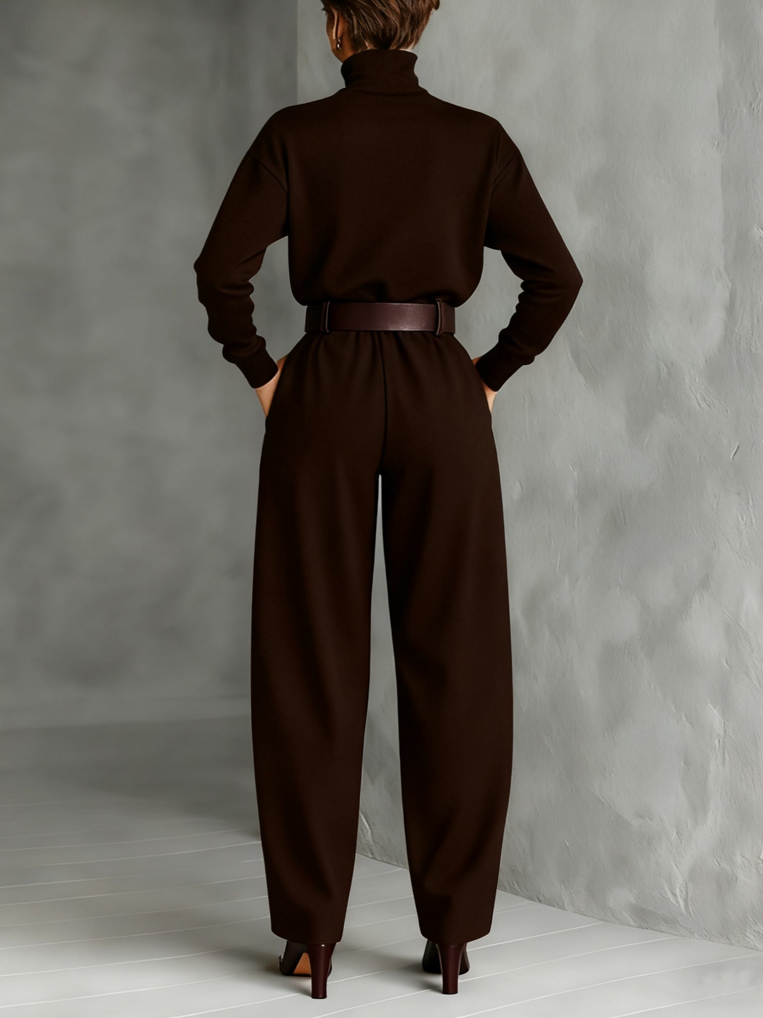 All-Black Turtleneck Long-Sleeve Top & Straight-Leg Pants Two-Piece Set (Belt Included)