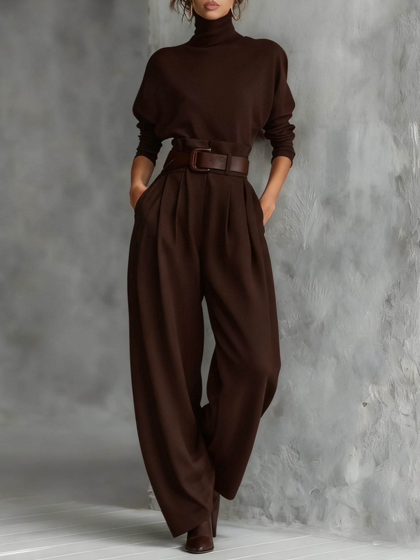 All-Black Turtleneck Long-Sleeve Top & Straight-Leg Pants Two-Piece Set (Belt Included)