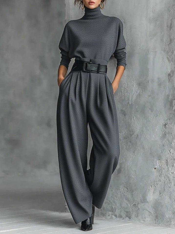 All-Black Turtleneck Long-Sleeve Top & Straight-Leg Pants Two-Piece Set (Belt Included)