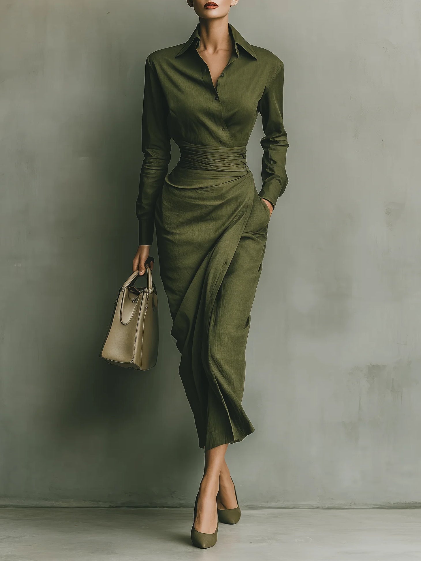 Elegant Military Green Mixed Cotton Maxi Dress