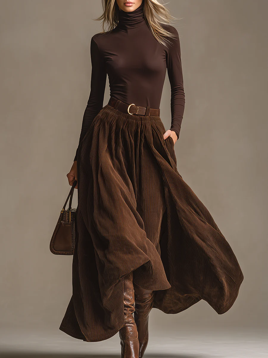 Dark Brown Turtleneck Top & Corduroy Skirt Set - Cozy, Classic Fall Ensemble