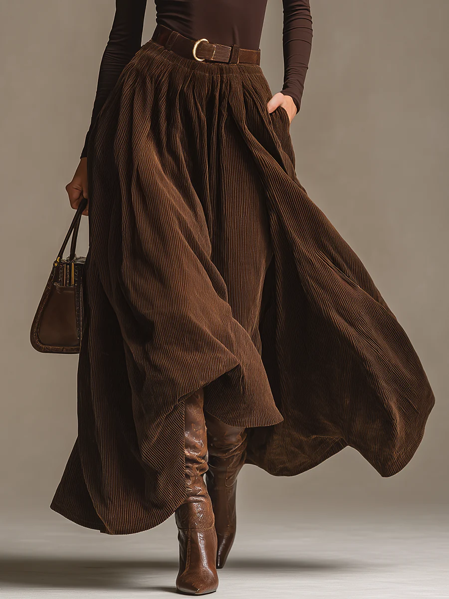 Dark Brown Turtleneck Top & Corduroy Skirt Set - Cozy, Classic Fall Ensemble