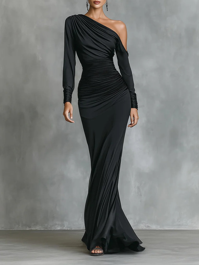 Elegant Long Mermaid Satin Dress in Black with One Shoulder and Pleats