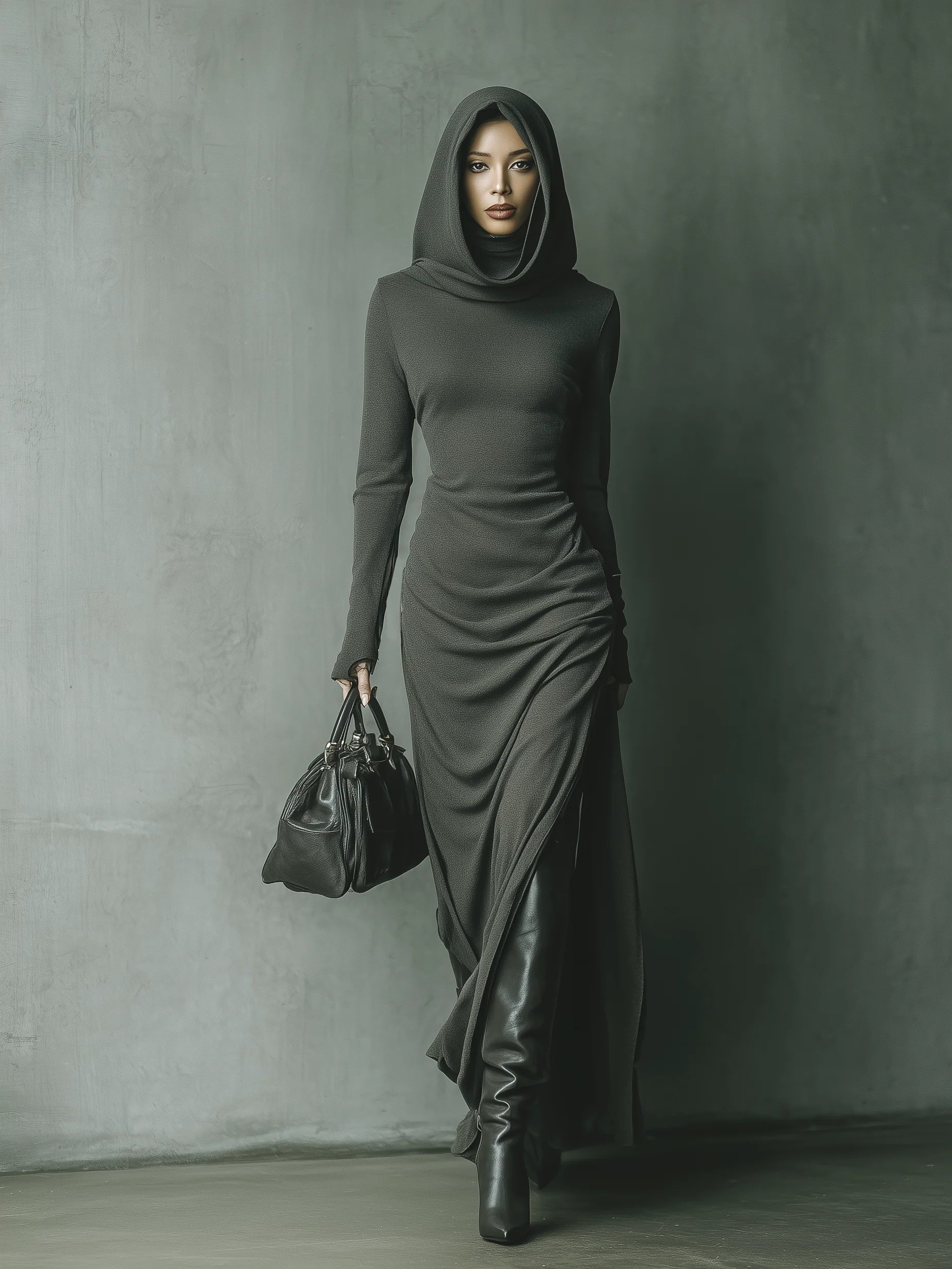 Dark Grey Stretch Knit Maxi Dress with Hood for a Stylish and Comfortable Look