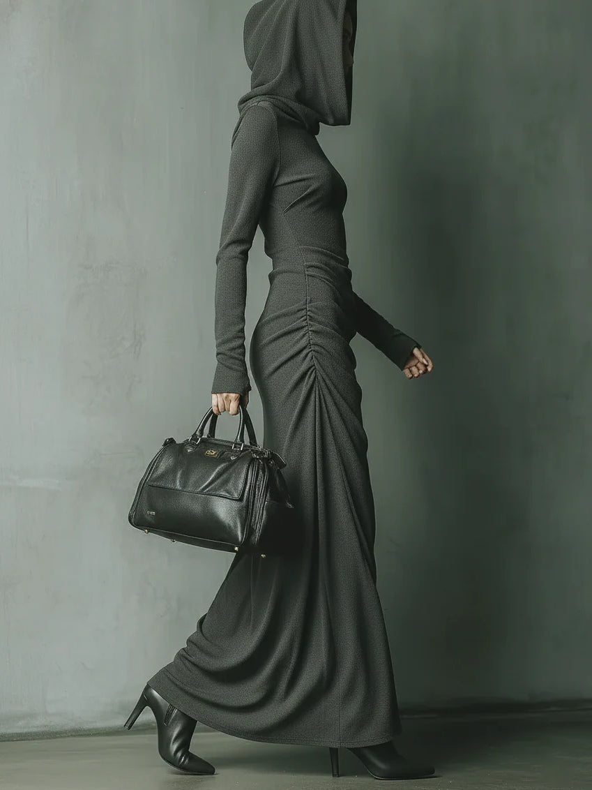 Dark Grey Stretch Knit Maxi Dress with Hood for a Stylish and Comfortable Look