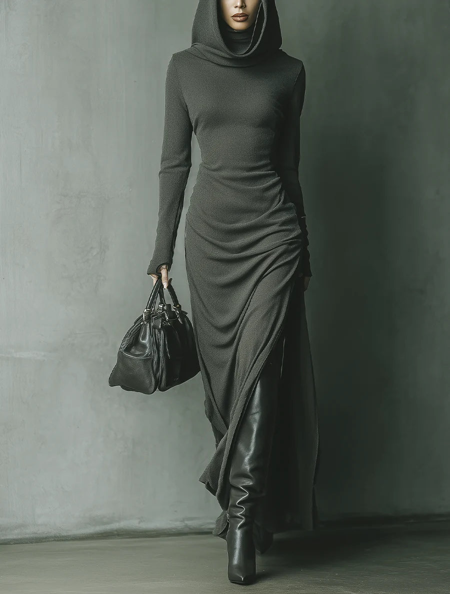 Dark Grey Stretch Knit Maxi Dress with Hood for a Stylish and Comfortable Look