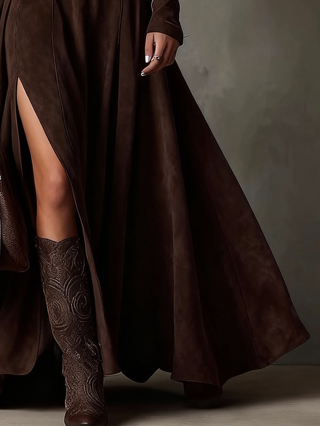 Elegant Dark Brown Faux Leather Turtleneck Maxi Dress with Long Sleeves and Side Slit (Includes Belt)