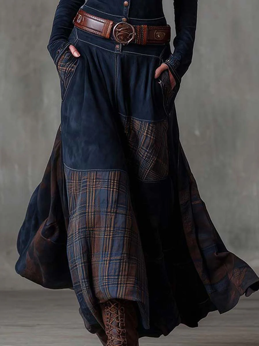 Vintage Maxi Suede Dress with Plaid Pattern in Navy Blue with Belt