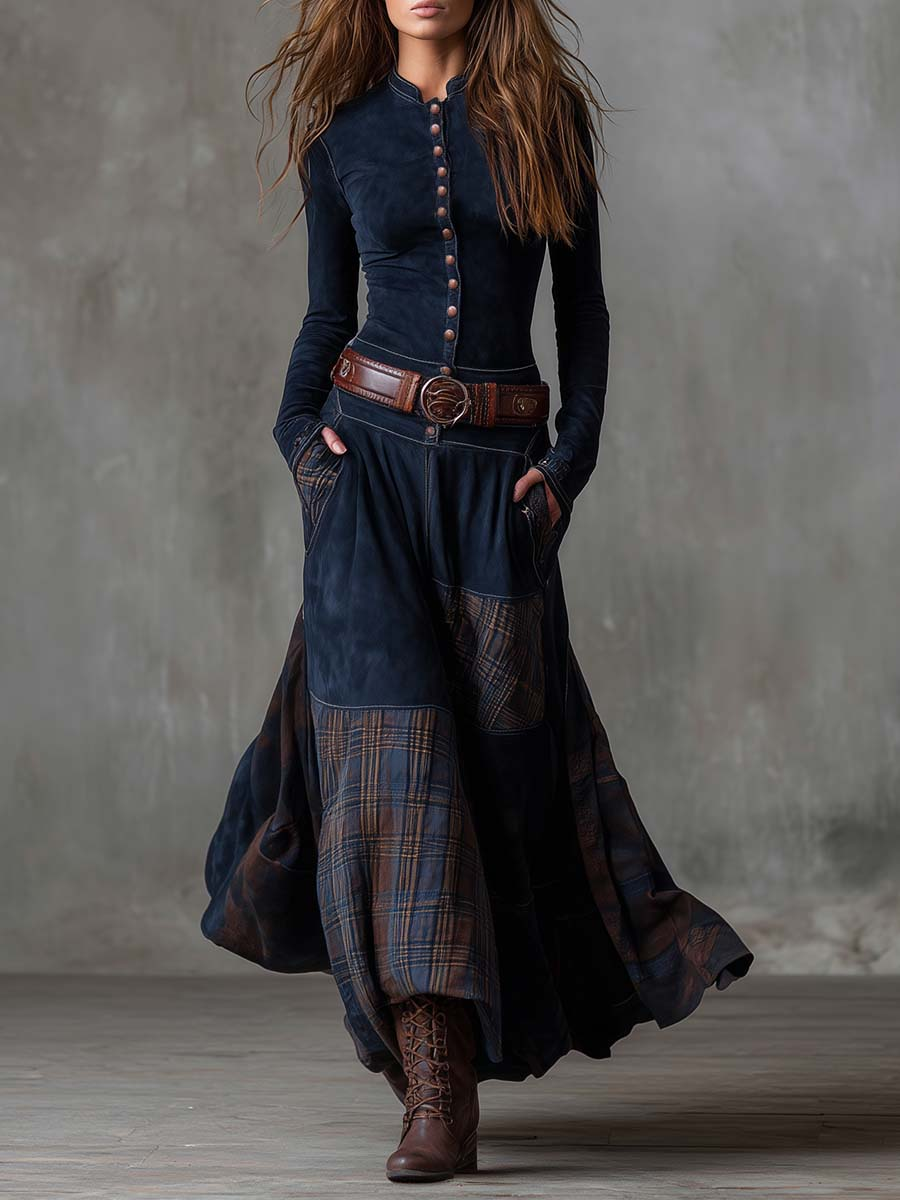 Vintage Maxi Suede Dress with Plaid Pattern in Navy Blue with Belt