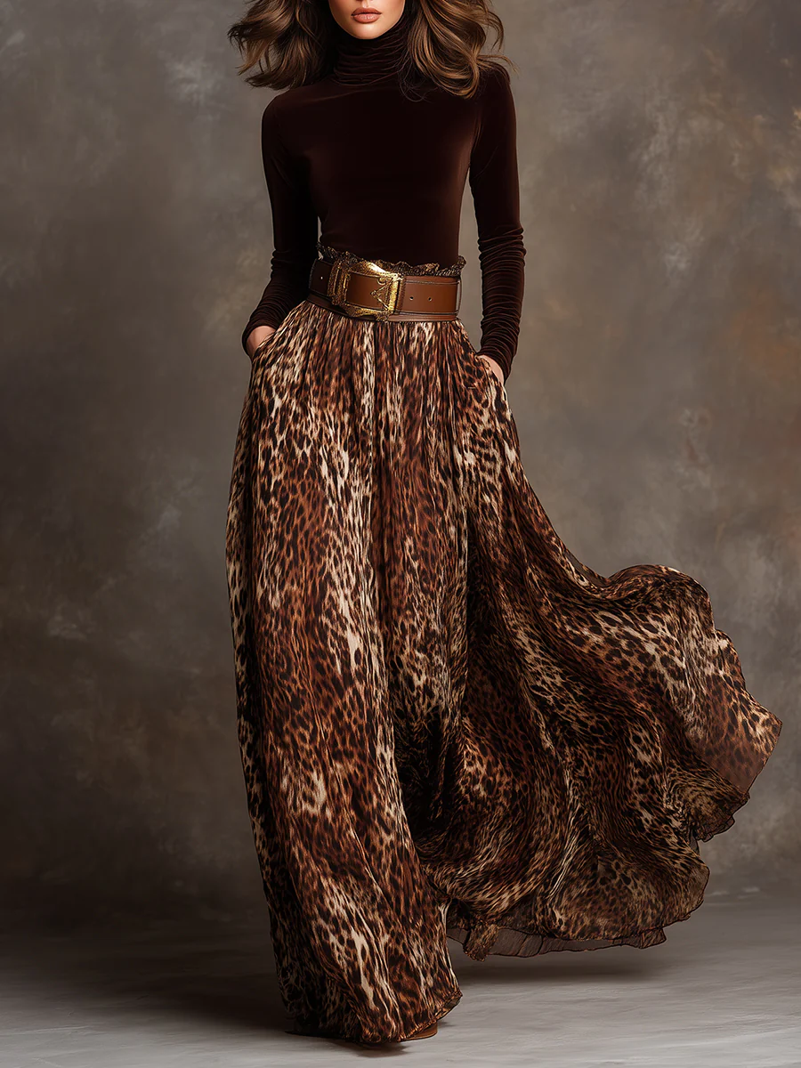 Luxurious Velvet Turtleneck Top with Leopard Print Skirt Set – Effortless Glamour