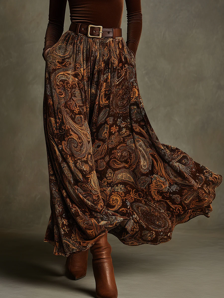 Vintage Stretch Velvet Top & Paisley Print Maxi Skirt Set — Belt Included